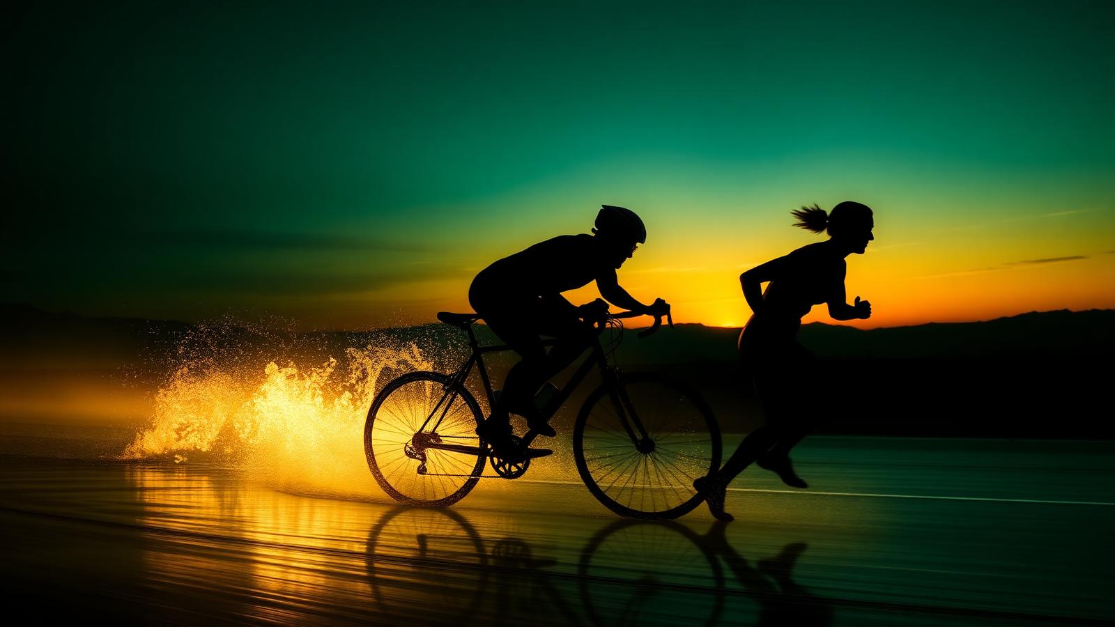 Triathletes at sunrise — swim, bike, run